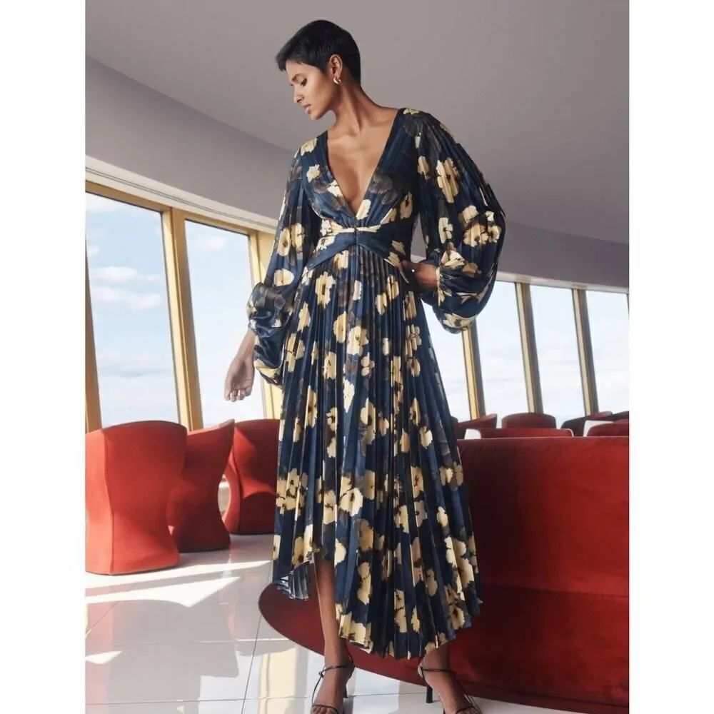 acler palms pleated midi dress floral posy print AU10/US6